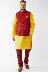 Buy Men's Blended Silk Woven Kurta Set in Yellow