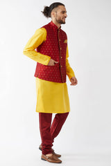 Buy Men's Blended Silk Woven Kurta Set in Yellow - Front