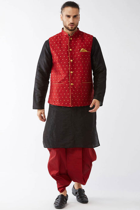 Buy Men's Blended Silk Woven Kurta Set in Black