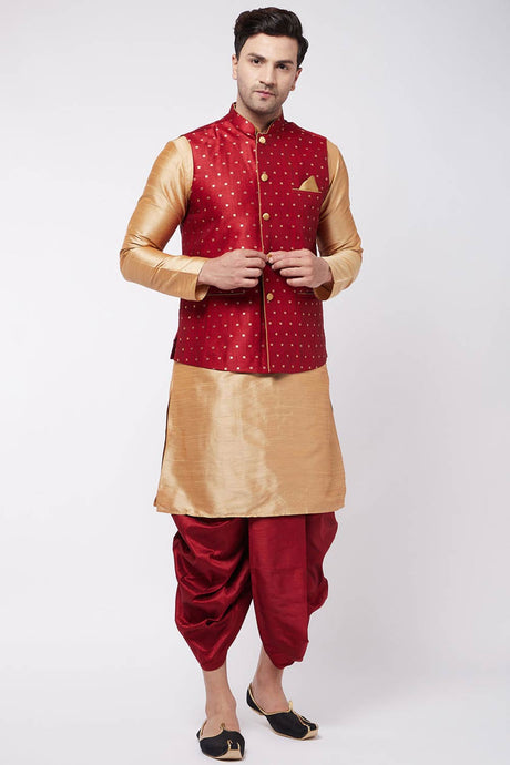 Buy Men's Blended Silk Woven Kurta Set in Rose Gold