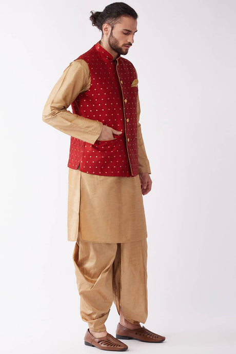 Buy Men's Blended Silk Buti Woven Kurta Set in Rose Gold - Front