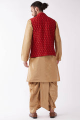 Buy Men's Blended Silk Buti Woven Kurta Set in Rose Gold - Back