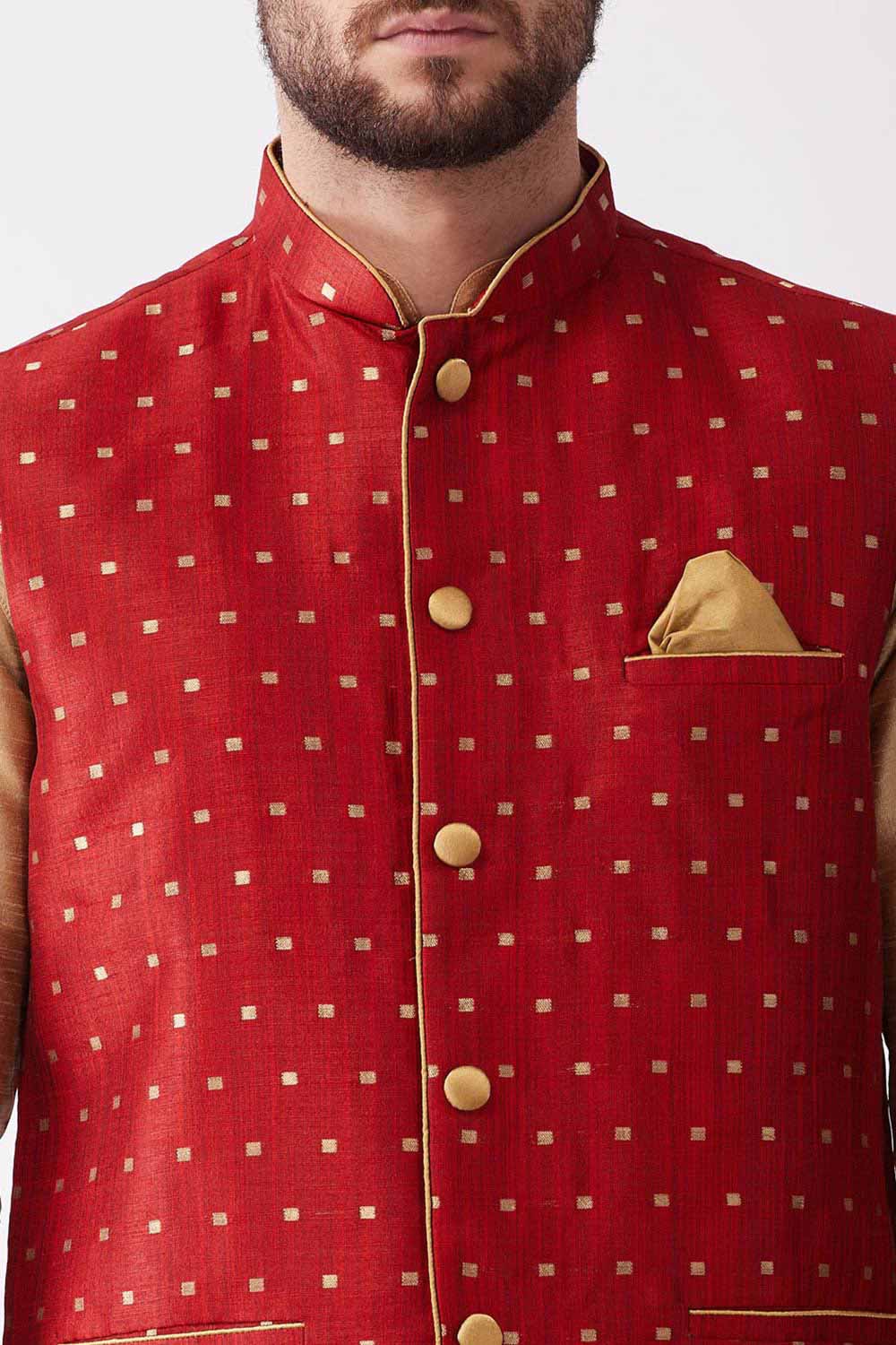 Buy Men's Blended Silk Buti Woven Kurta Set in Rose Gold - Side