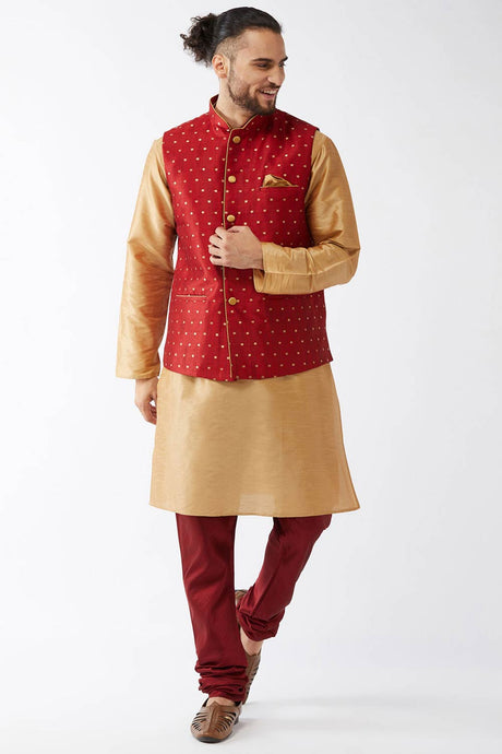 Buy Men's Blended Silk Woven Kurta Set in Rose Gold