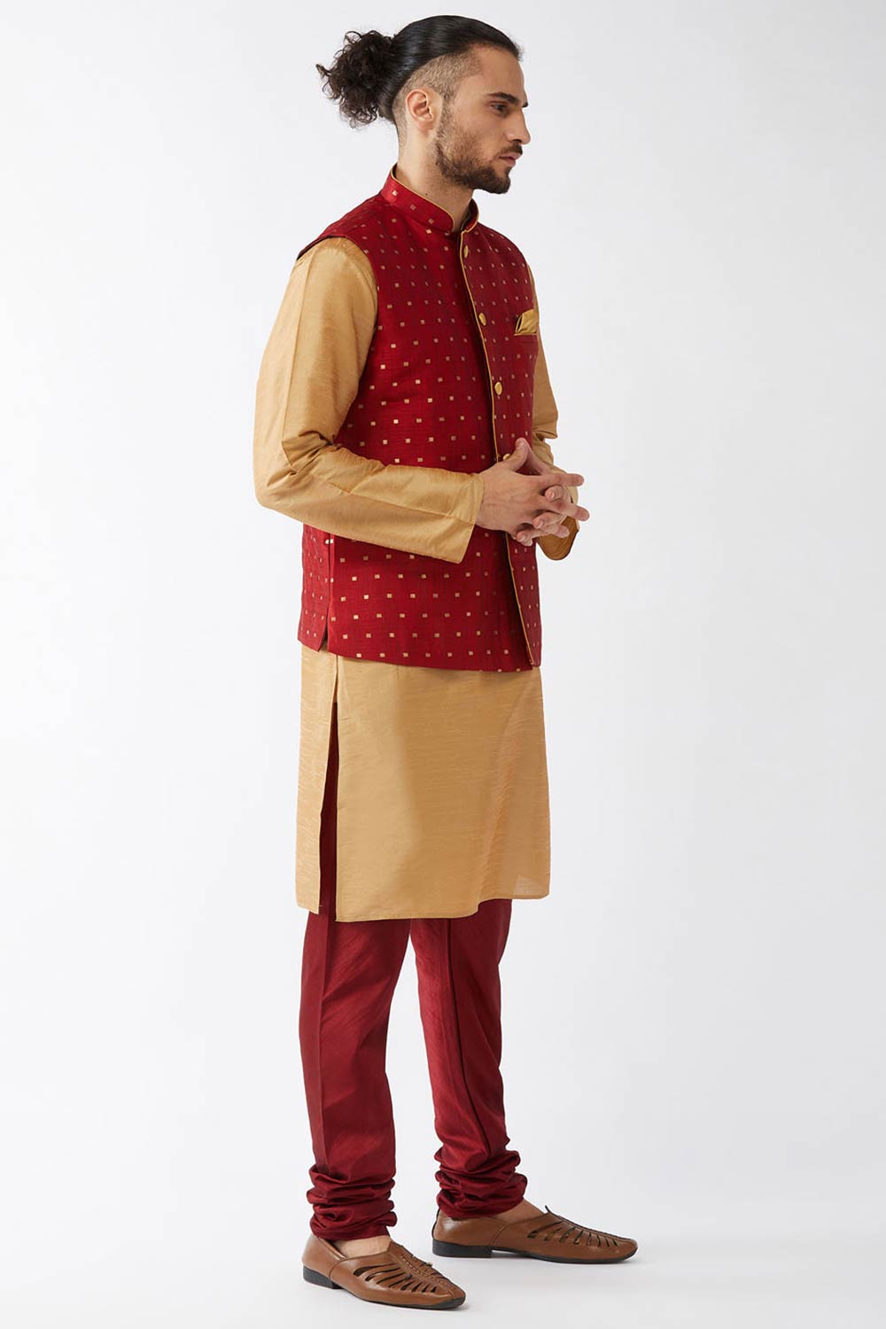 Buy Men's Blended Silk Woven Kurta Set in Rose Gold - Front