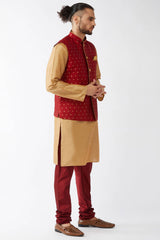 Buy Men's Blended Silk Woven Kurta Set in Rose Gold - Front