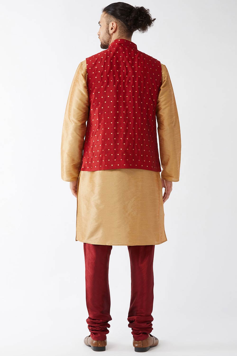 Buy Men's Blended Silk Woven Kurta Set in Rose Gold - Back