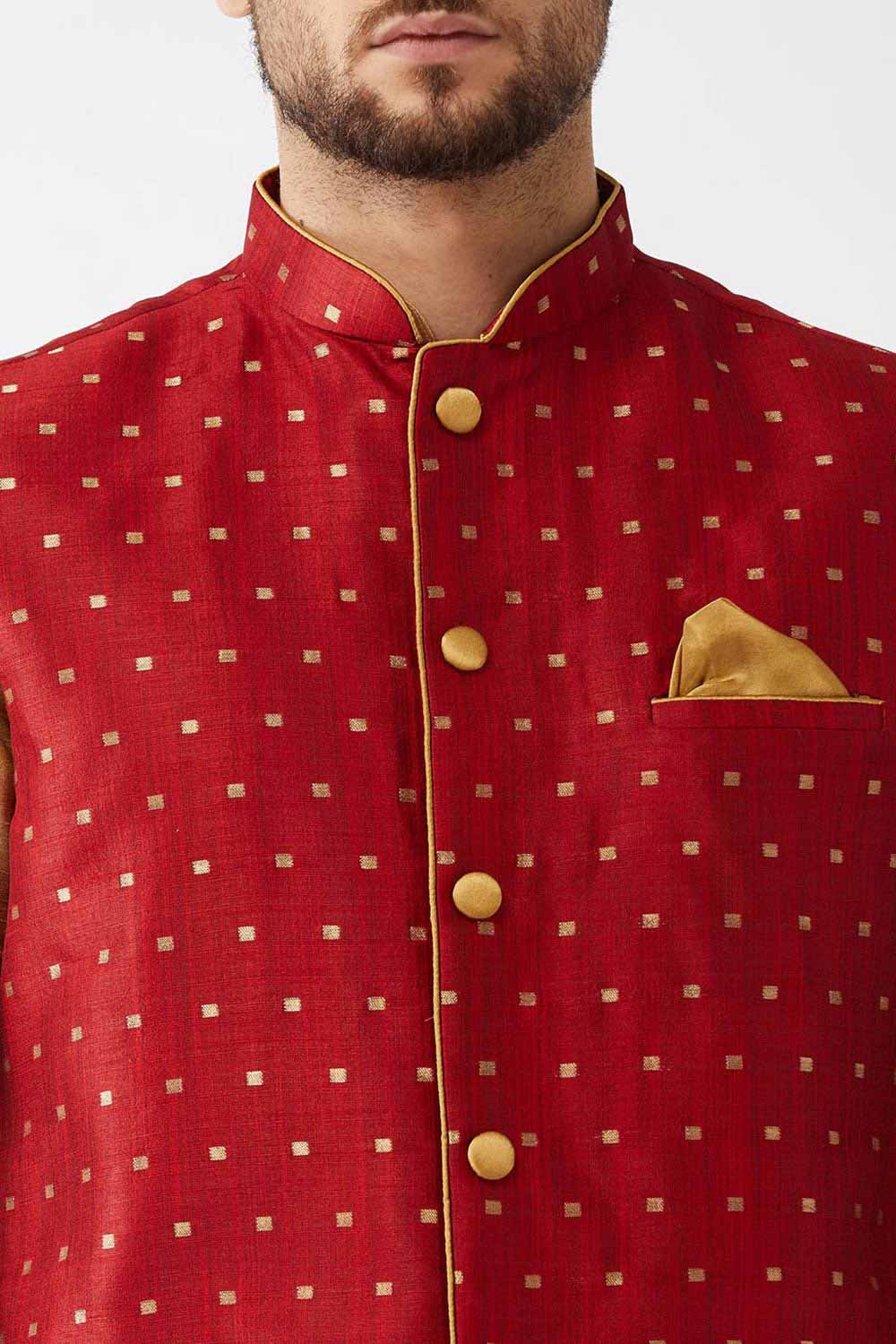 Buy Men's Blended Silk Woven Kurta Set in Rose Gold - Side