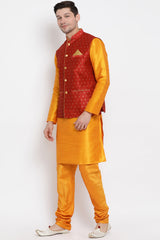 Men's Cotton Art Silk Kurta Set In Orange