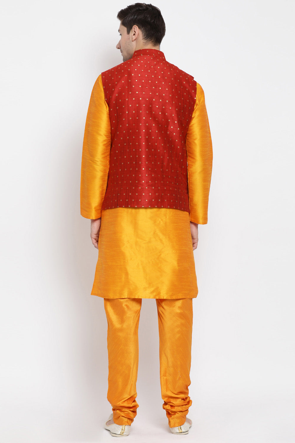 Men's Cotton Art Silk Kurta Set In Orange