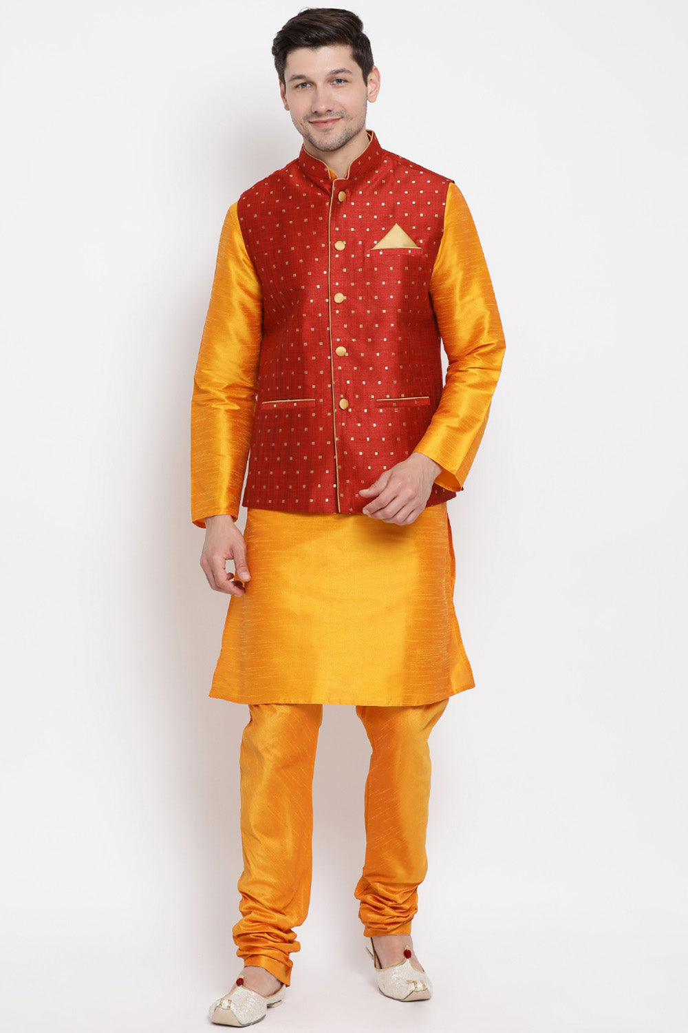 Men's Cotton Art Silk Kurta Set In Orange