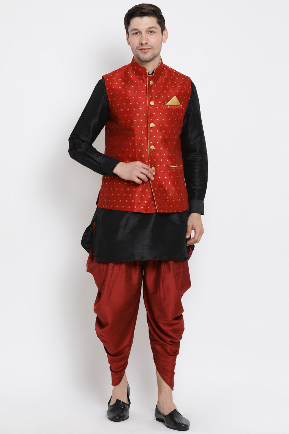 Men's Cotton Art Silk Kurta Set In Black