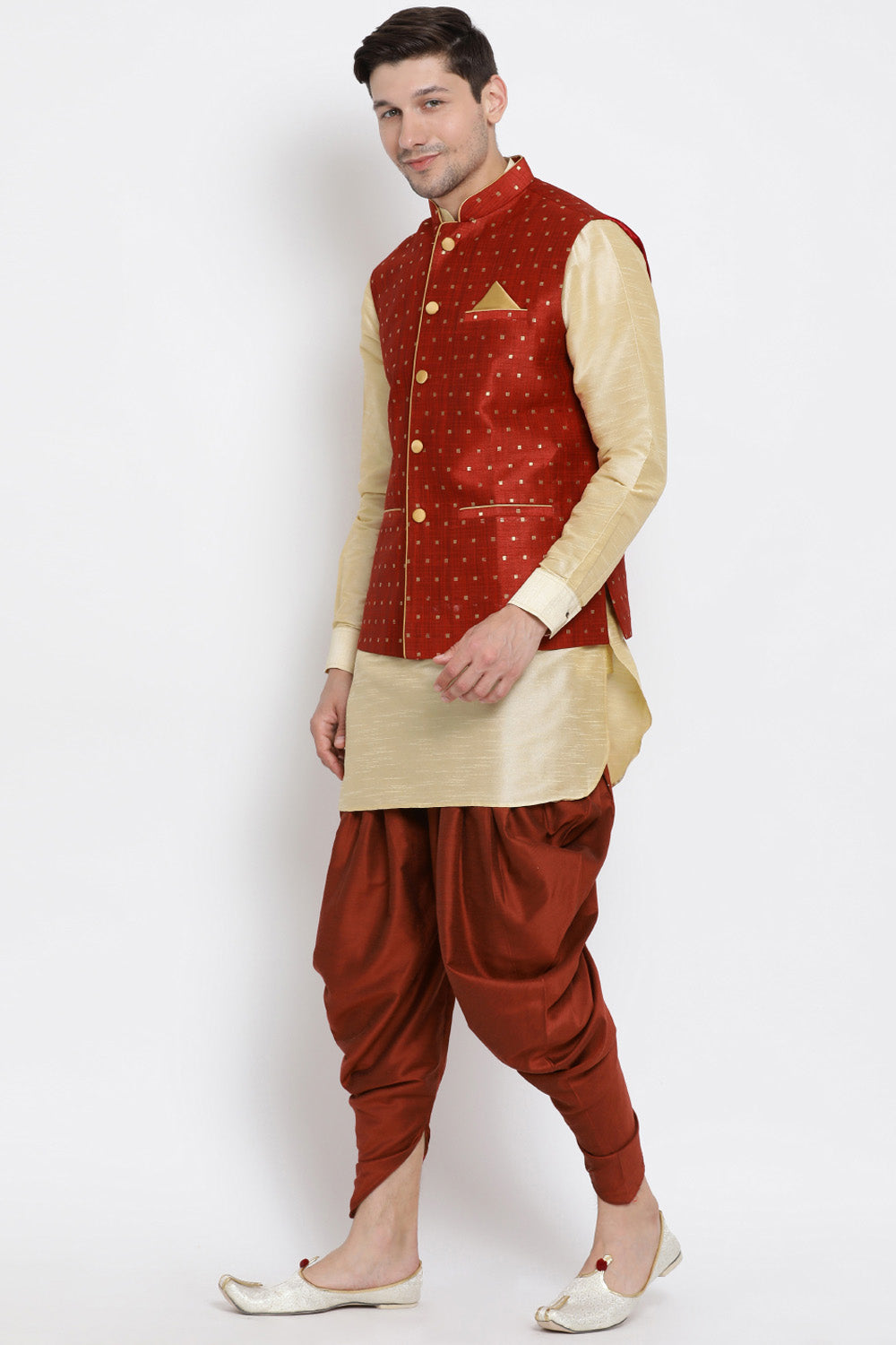 Men's Cotton Art Silk Kurta Set In Gold