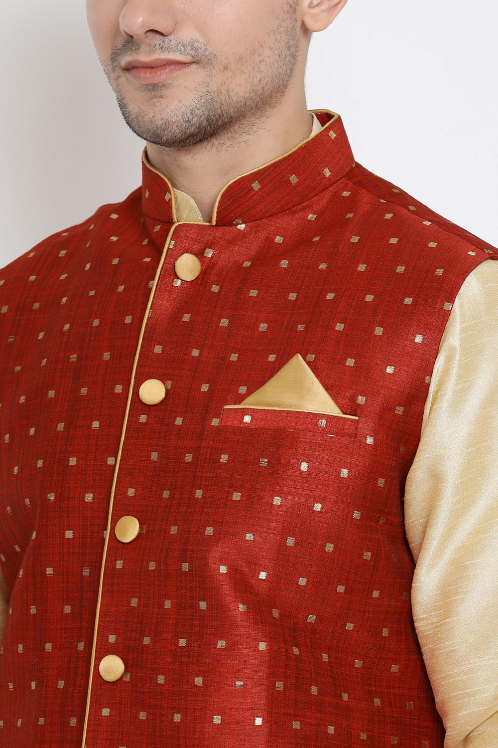 Men's Cotton Art Silk Kurta Set In Gold