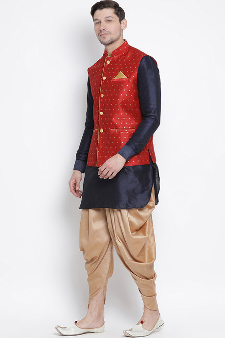 Men's Cotton Art Silk Kurta Set In Dark Blue