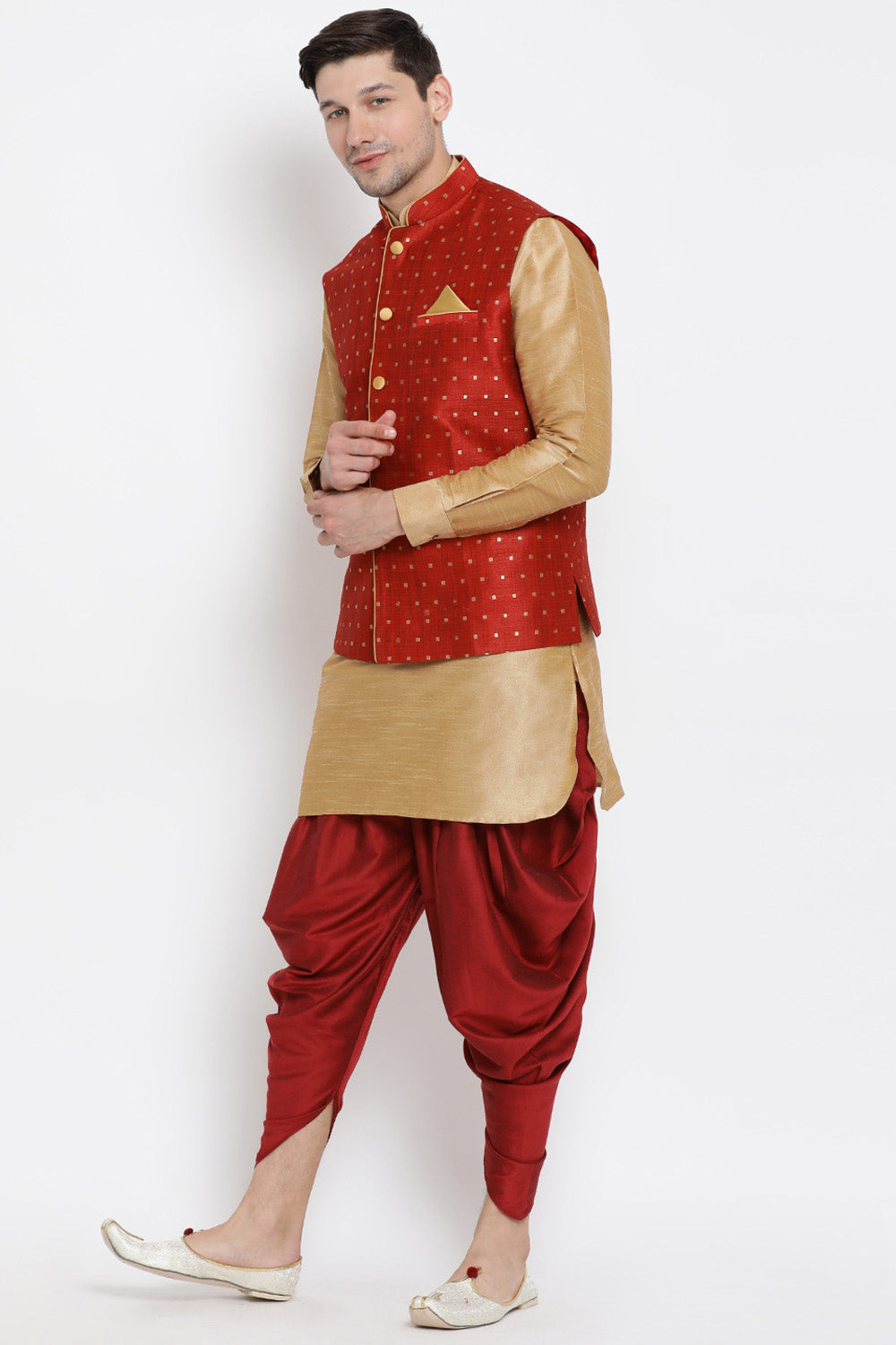 Men's Cotton Art Silk Kurta Set In Gold