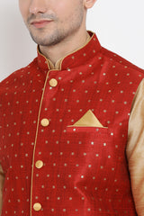 Men's Cotton Art Silk Kurta Set In Gold