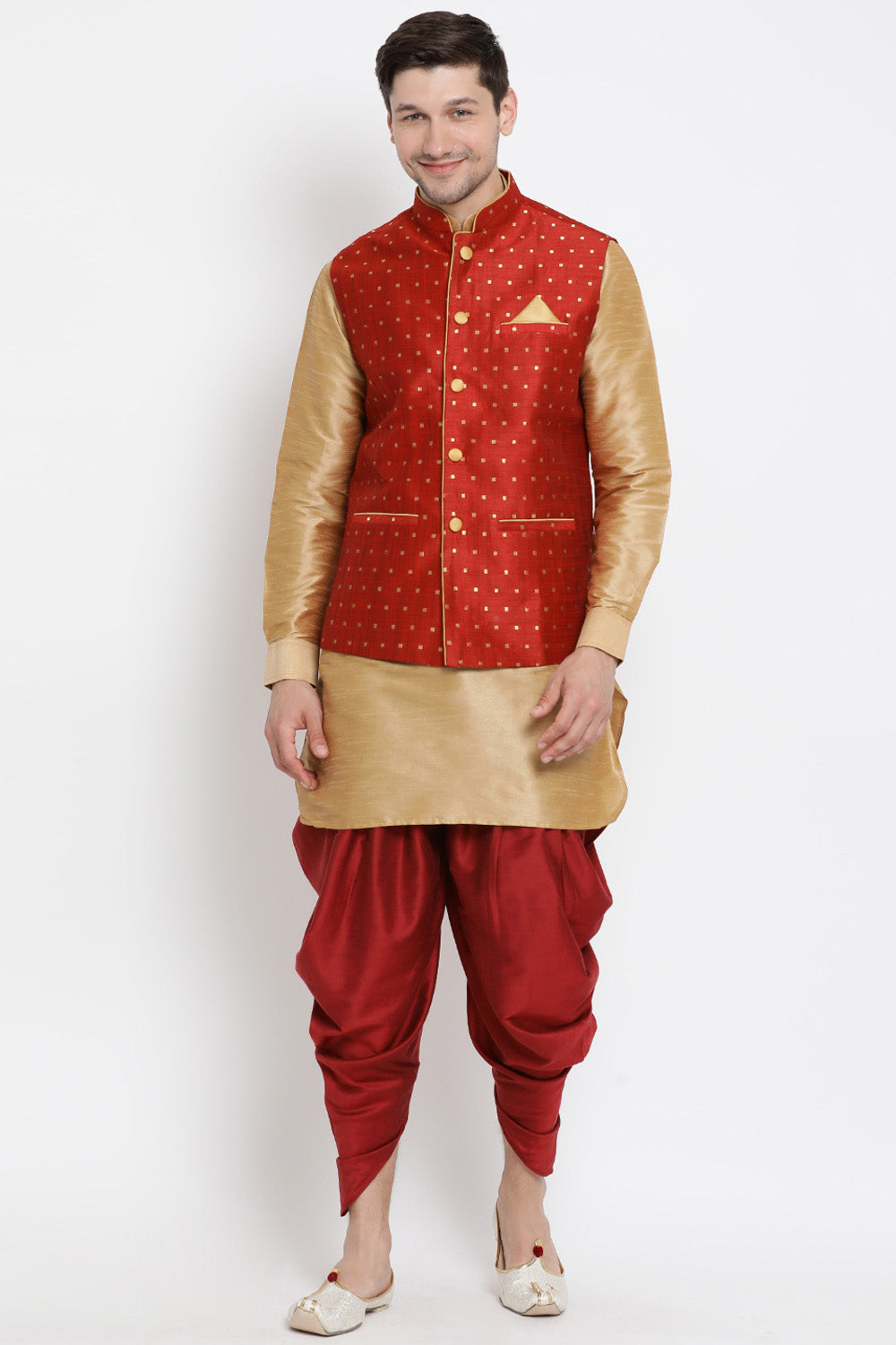 Men's Cotton Art Silk Kurta Set In Gold