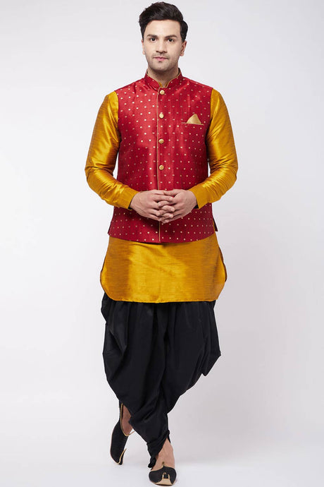 Buy Men's Blended Silk Woven Kurta Set in Mustard