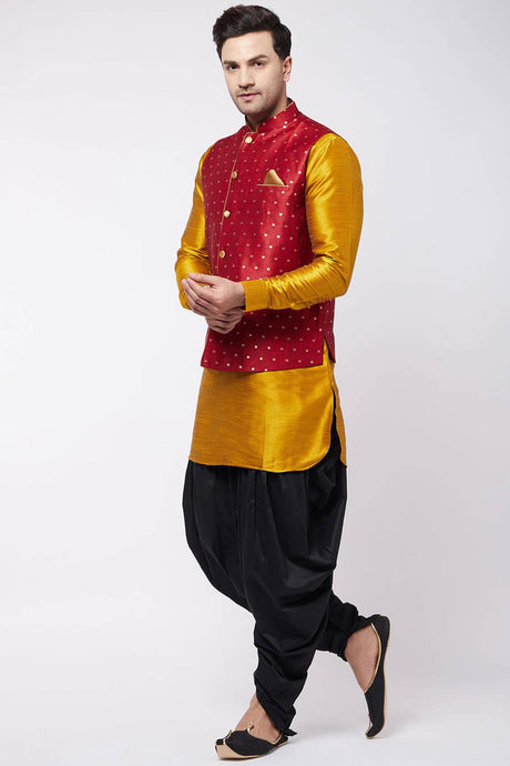 Buy Men's Blended Silk Woven Kurta Set in Mustard - Front