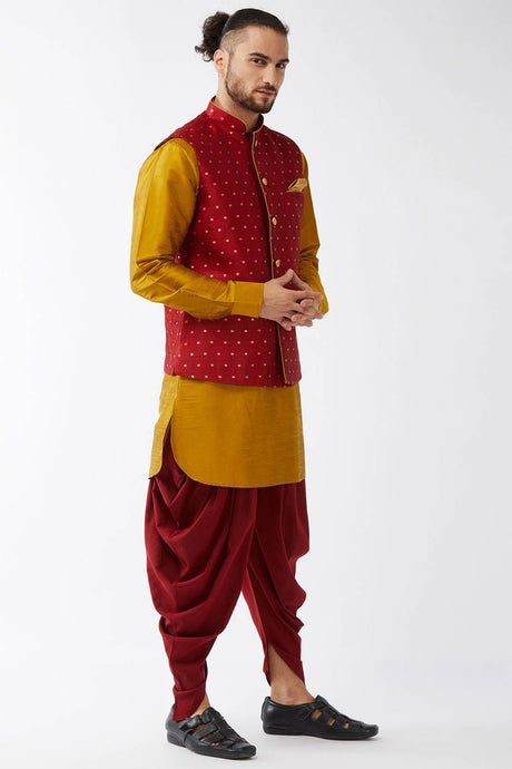 Buy Men's Blended Silk Woven Kurta Set in Mustard - Front