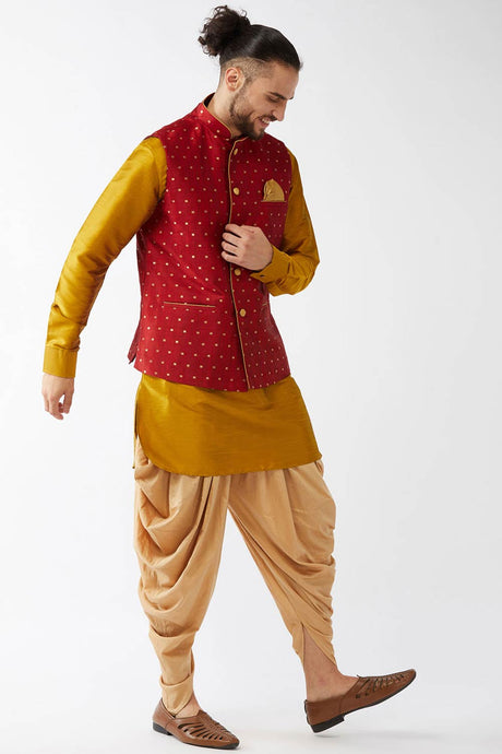 Buy Men's Blended Silk Woven Kurta Set in Mustard - Front