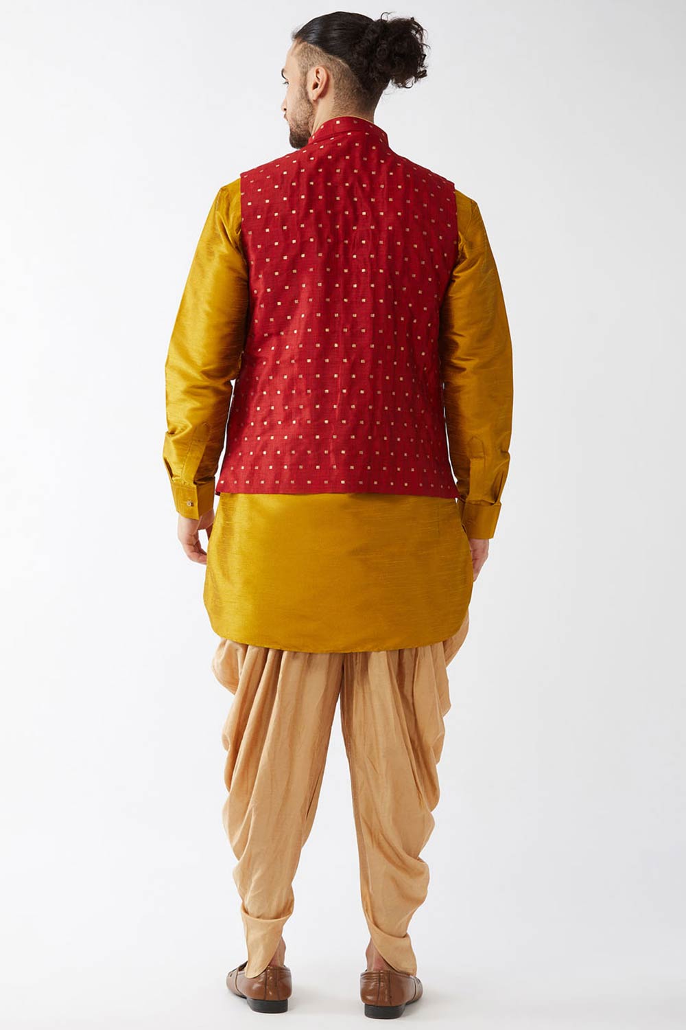 Buy Men's Blended Silk Woven Kurta Set in Mustard - Back