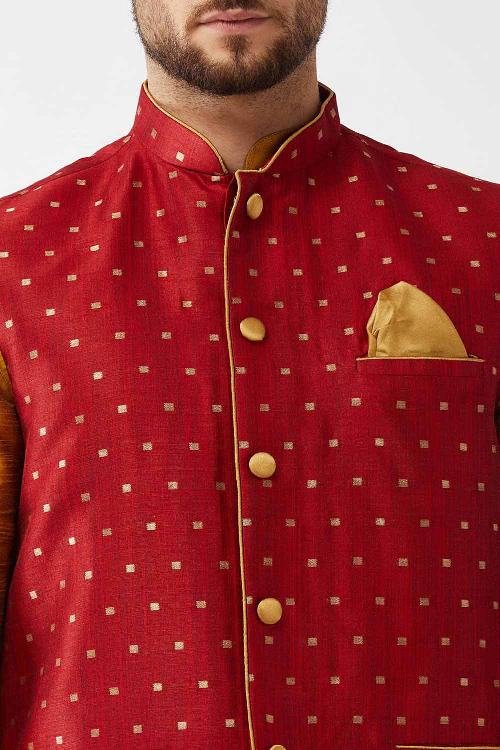 Buy Men's Blended Silk Woven Kurta Set in Mustard - Side
