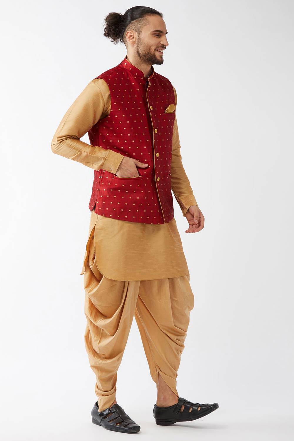 Buy Men's Blended Silk Woven Kurta Set in Rose Gold - Front