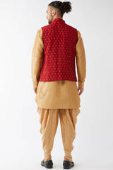 Buy Men's Blended Silk Woven Kurta Set in Rose Gold - Back