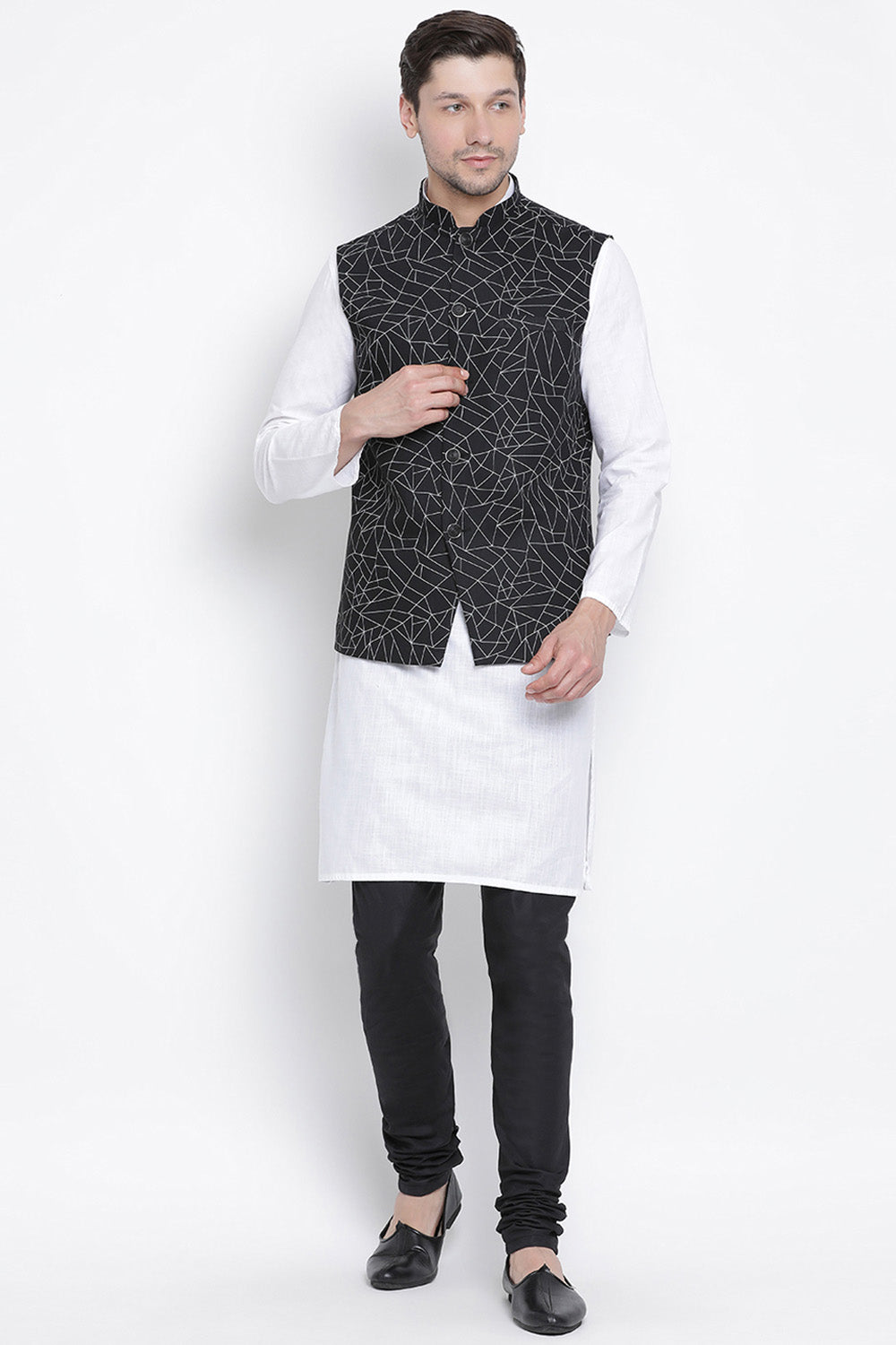 Men's Blended Cotton Kurta Set In White