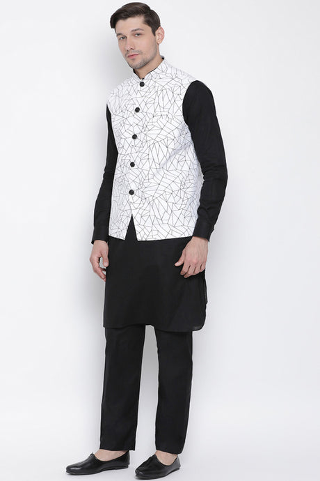 Men's Cotton Jacket Kurta Pyjama Set in Black