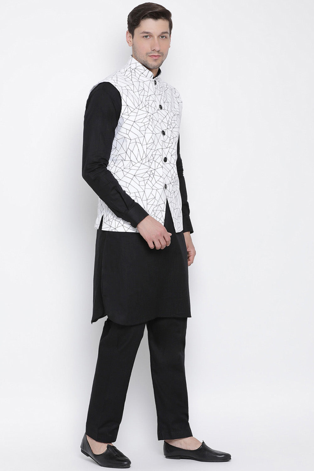 Men's Cotton Jacket Kurta Pyjama Set in Black