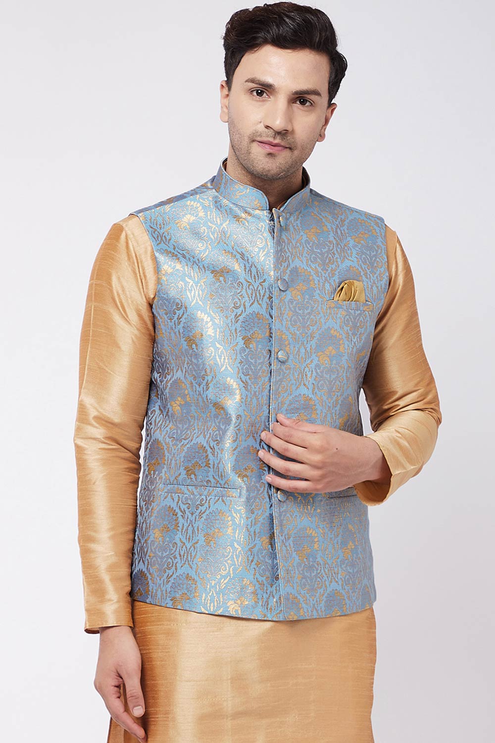 Buy Men's Blended Silk Woven Nehru Jacket in Grey