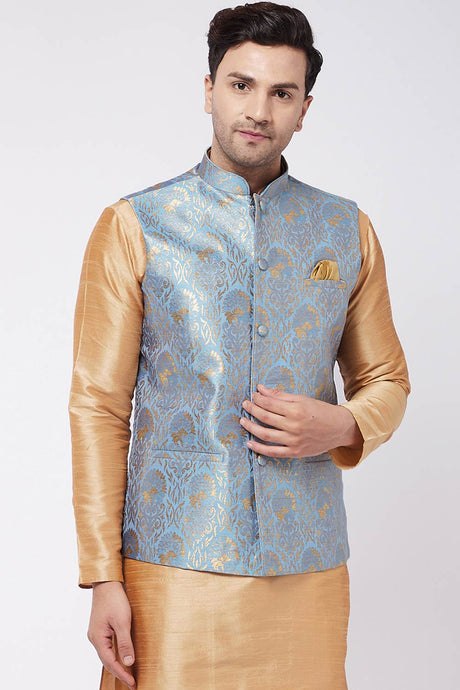 Buy Men's Blended Silk Woven Nehru Jacket in Grey