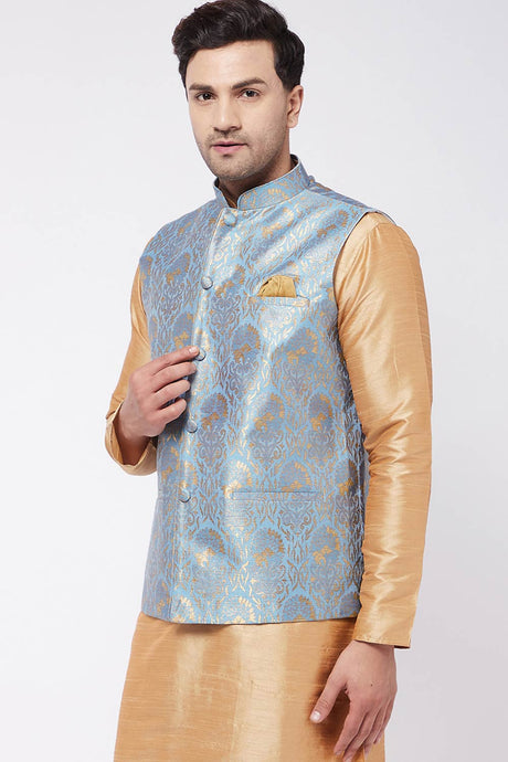 Buy Men's Blended Silk Woven Nehru Jacket in Grey - Front