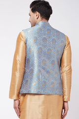 Buy Men's Blended Silk Woven Nehru Jacket in Grey - Back