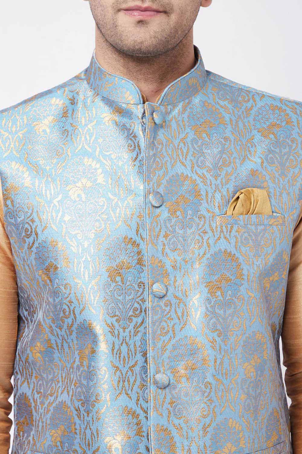 Buy Men's Blended Silk Woven Nehru Jacket in Grey - Side