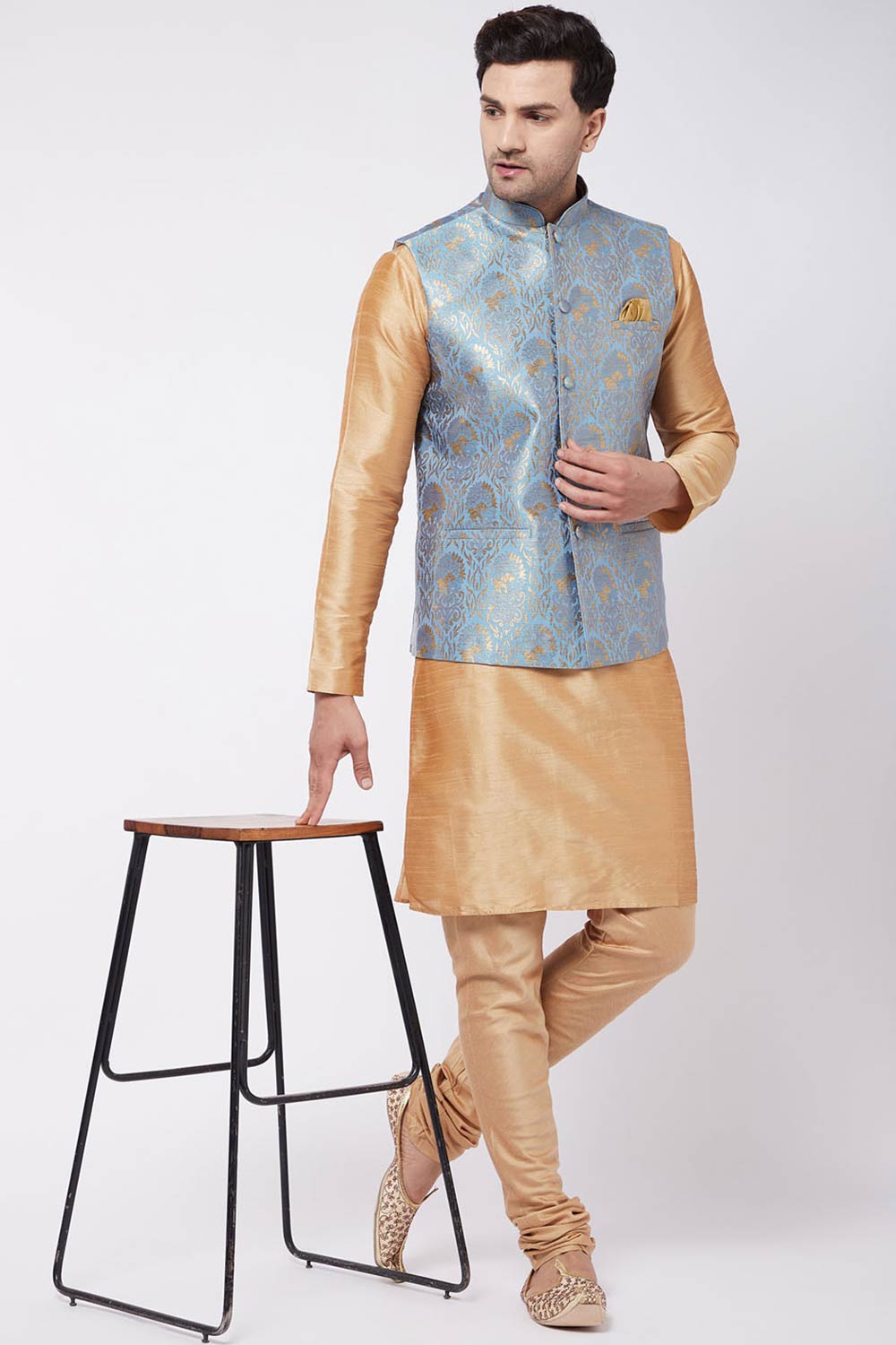 Buy Men's Blended Silk Woven Nehru Jacket in Grey - Online