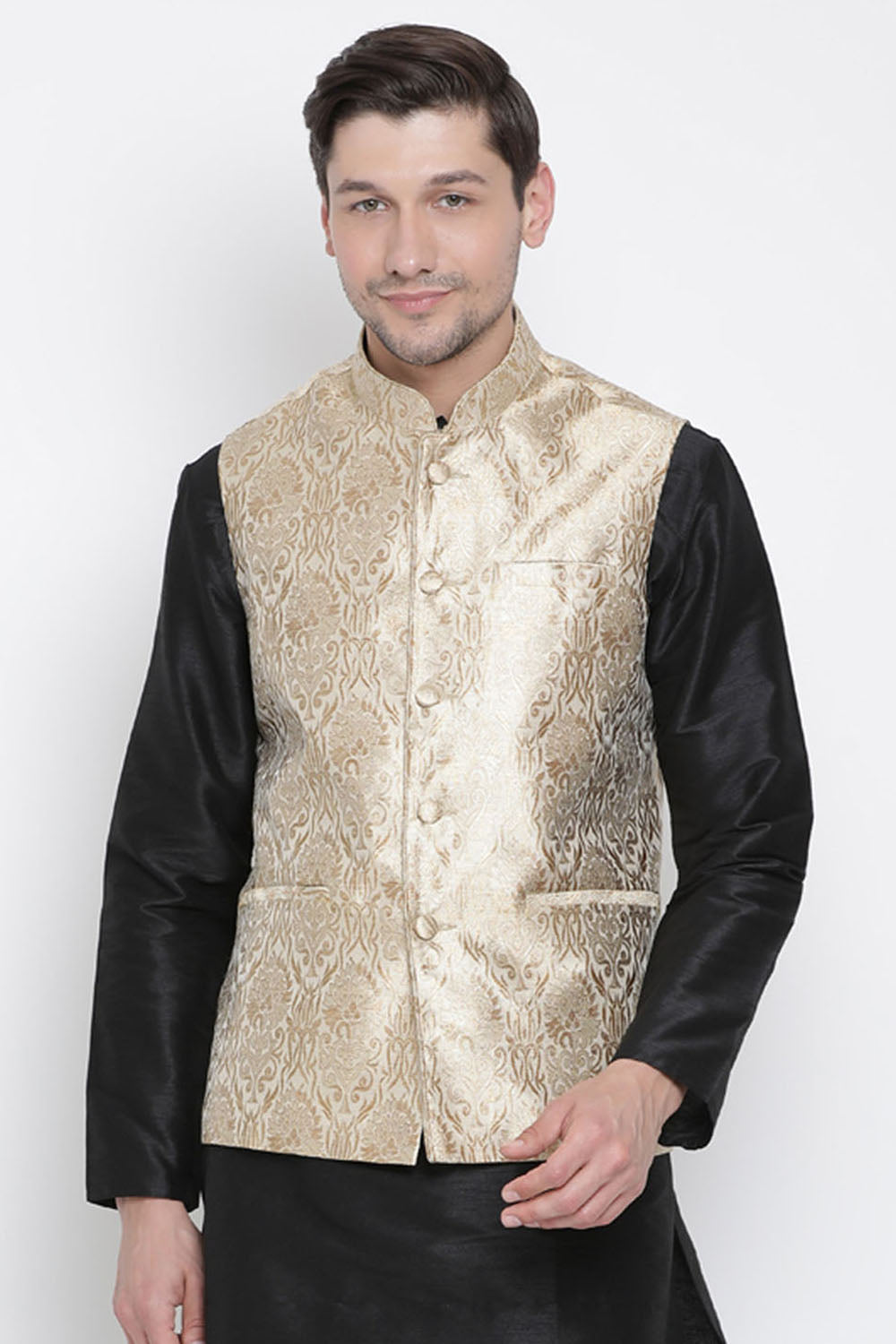 Men's Art Silk Ethnic Jacket in Gold - Front