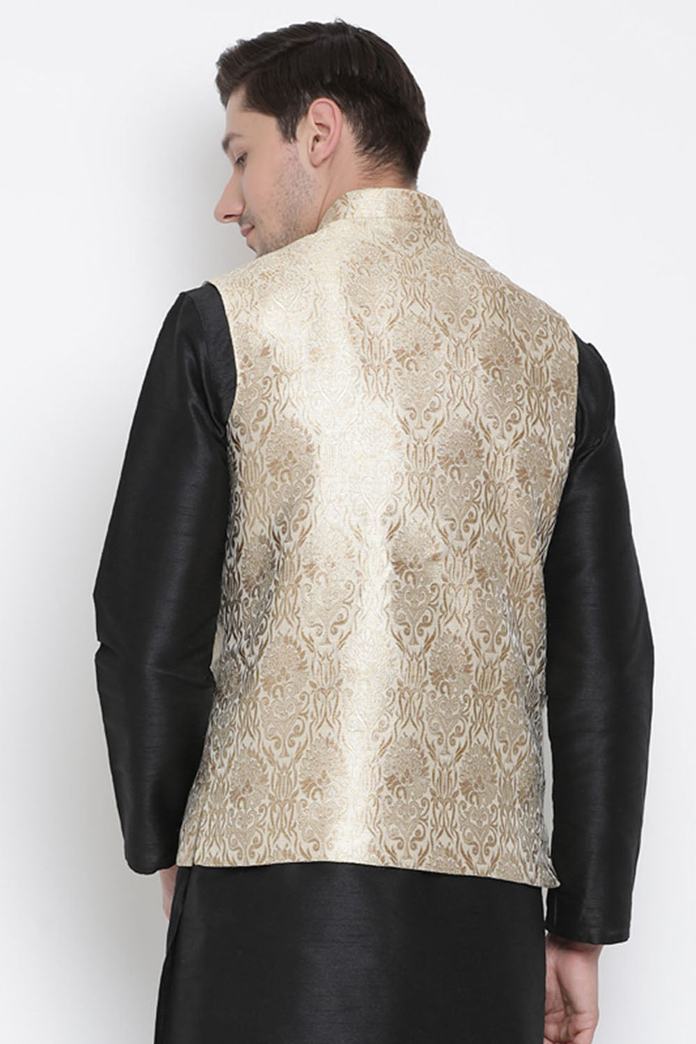 Men's Art Silk Ethnic Jacket in Gold - Back