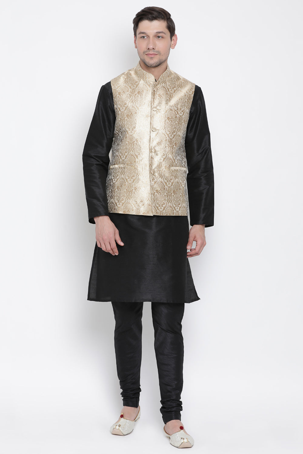 Men's Art Silk Ethnic Jacket in Gold - Full View