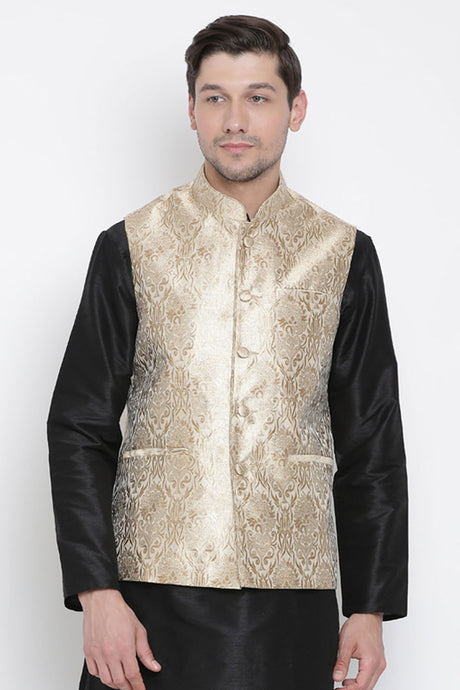 Men's Art Silk Ethnic Jacket in Gold