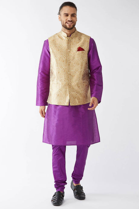 Buy Men's Blended Silk Woven Kurta Set in Purple