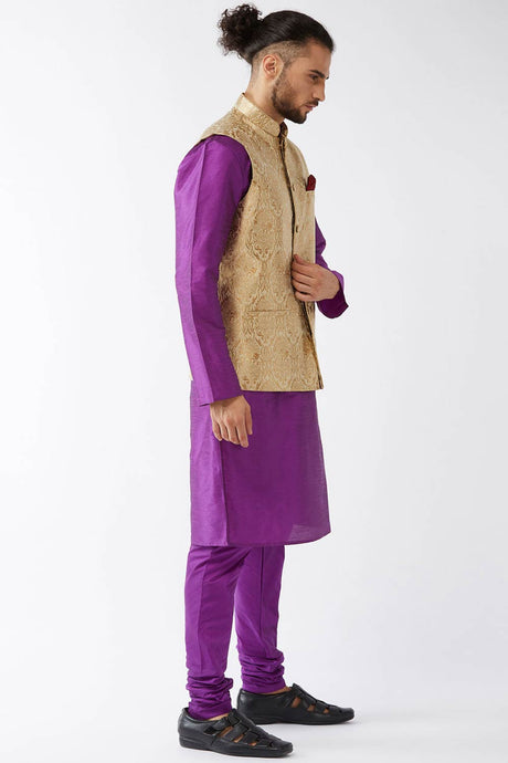 Buy Men's Blended Silk Woven Kurta Set in Purple - Front