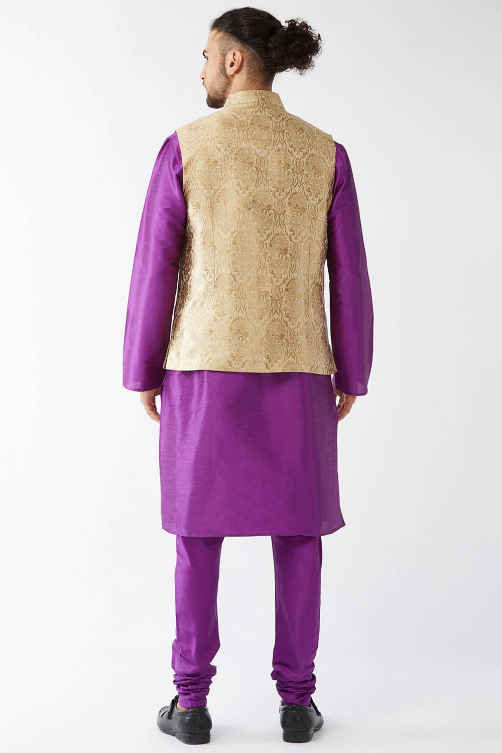 Buy Men's Blended Silk Woven Kurta Set in Purple - Back