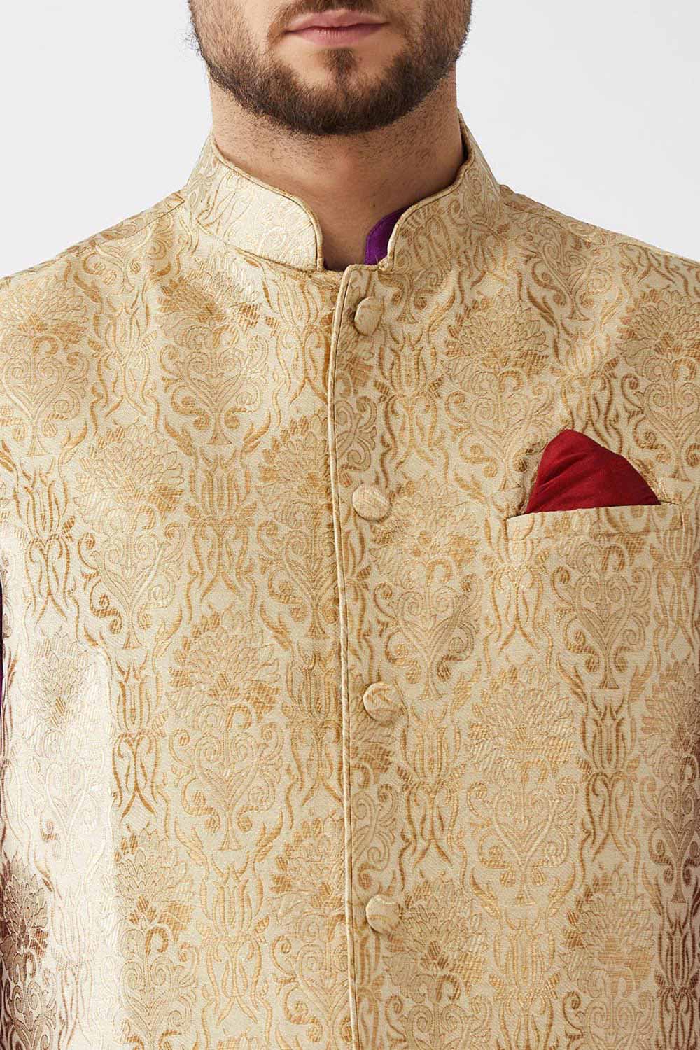 Buy Men's Blended Silk Woven Kurta Set in Purple - Side