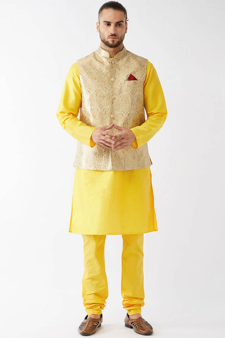 Buy Men's Blended Silk Woven Kurta Set in Yellow