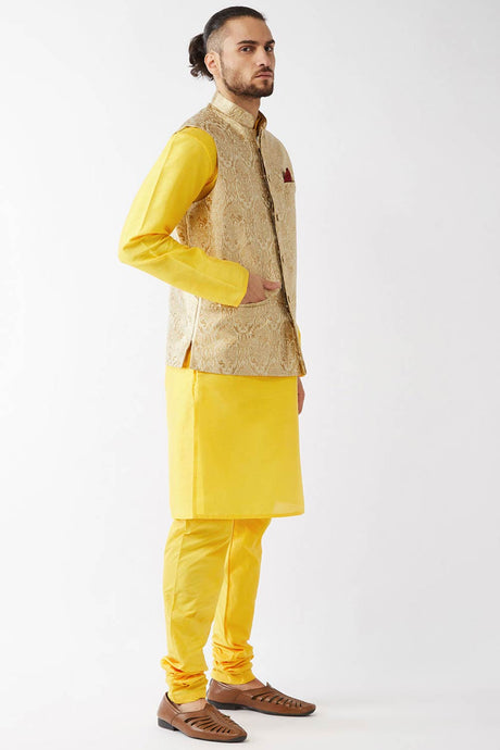 Buy Men's Blended Silk Woven Kurta Set in Yellow - Front