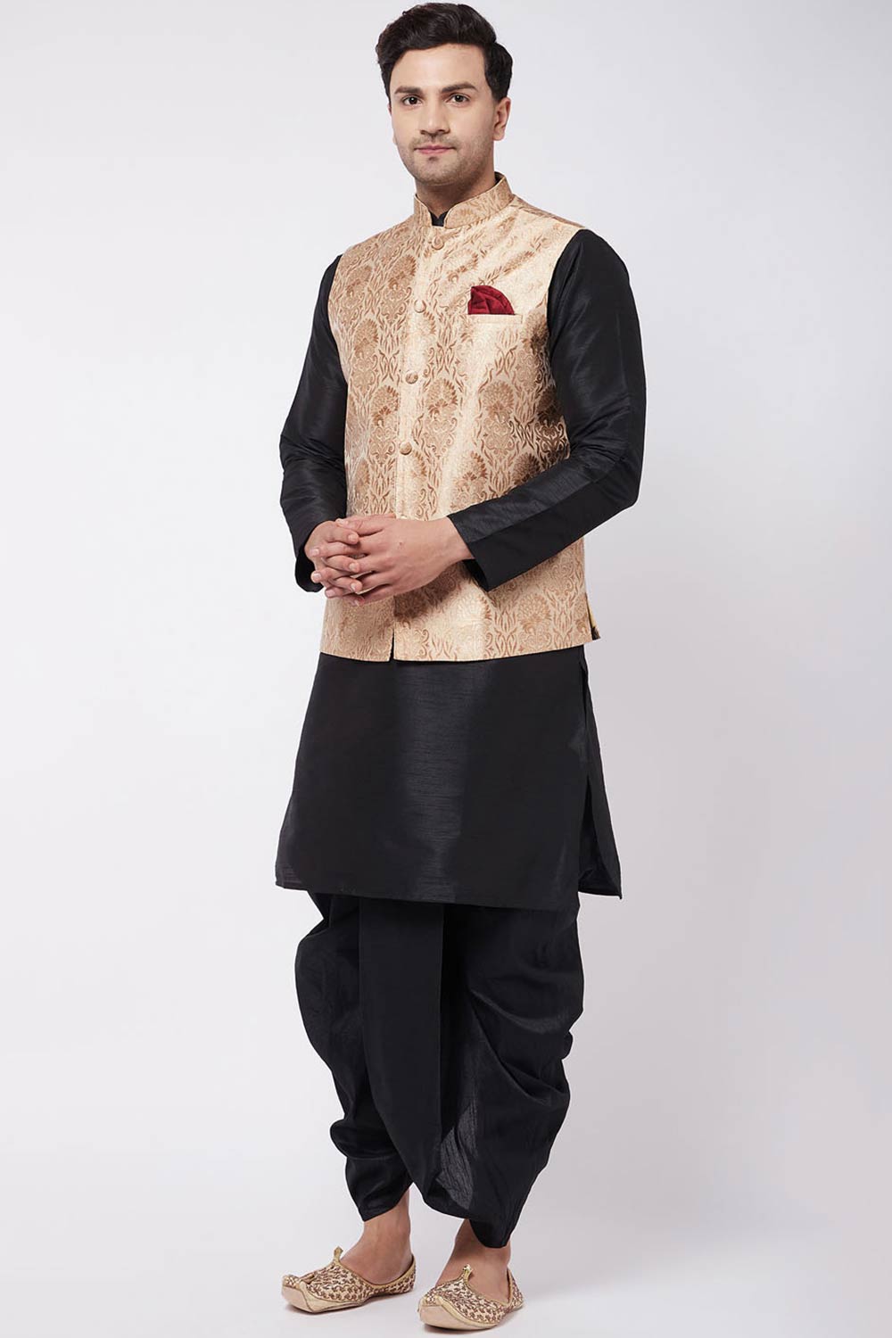 Buy Men's Blended Silk Woven Kurta Set in Black - Front